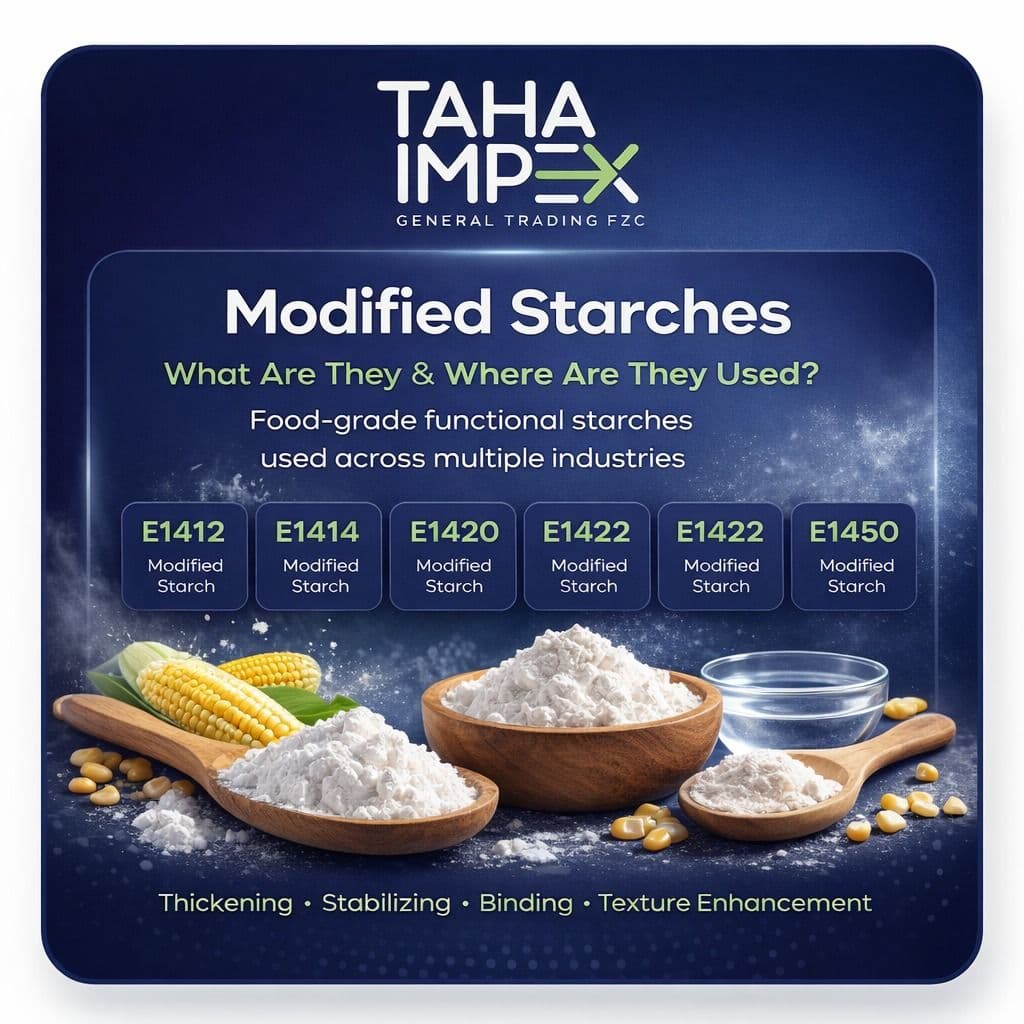Taha Impex modified starches E1412, E1414, E1420, E1422 and E1450 with corn and starch powder illustrating food thickening and stabilizing applications