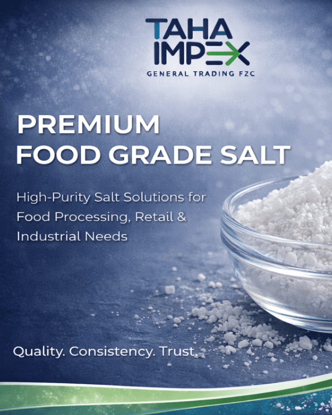 Premium food grade salt in glass bowl for food processing and industrial applications by Taha Impex